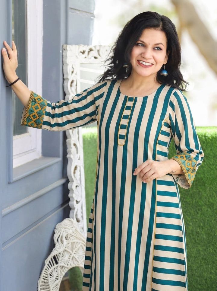 Anjali Teal Stripe Panel Style Winter Twill Co-ord Set