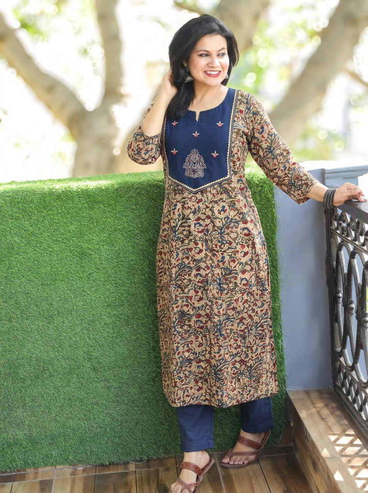Rashmi Blue Embroidered Yoke Kalamkari Print 2 Piece Set