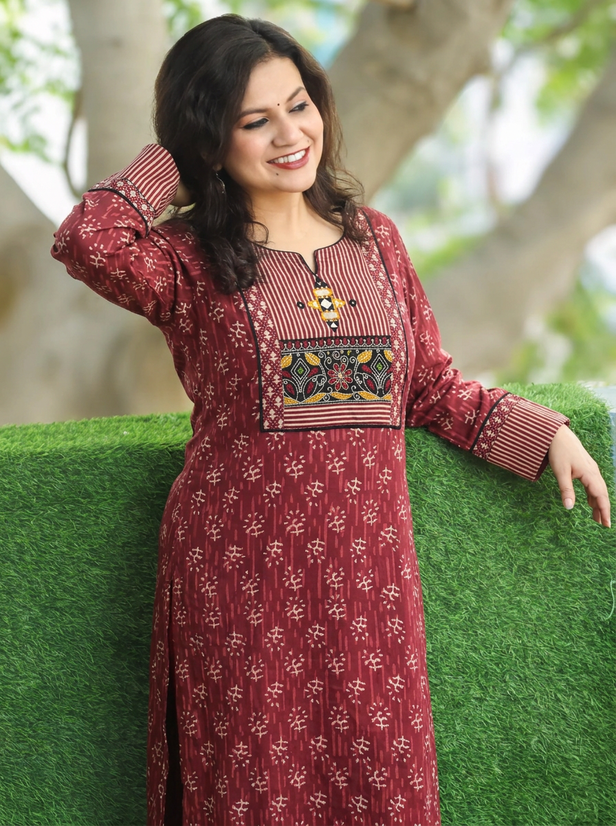 Arya Blush Mauve Kutch Yoke Winter Twill Kurti