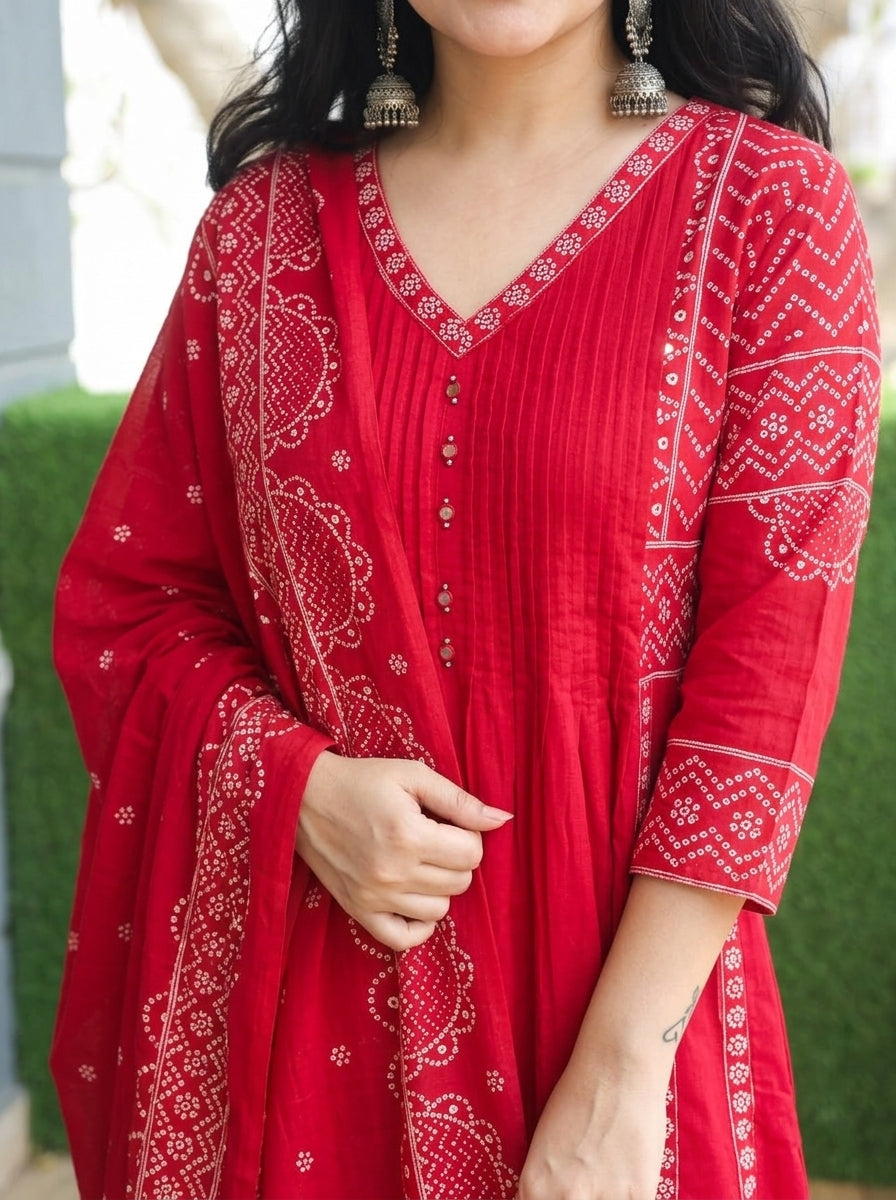 Rashi Rani Pink Bandhani Gathered Cotton 3 PIece Set
