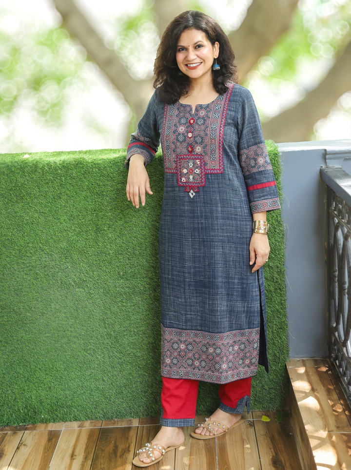 Revika Denim Blue Ajrakh Yoke Brush Print 2 Piece Set