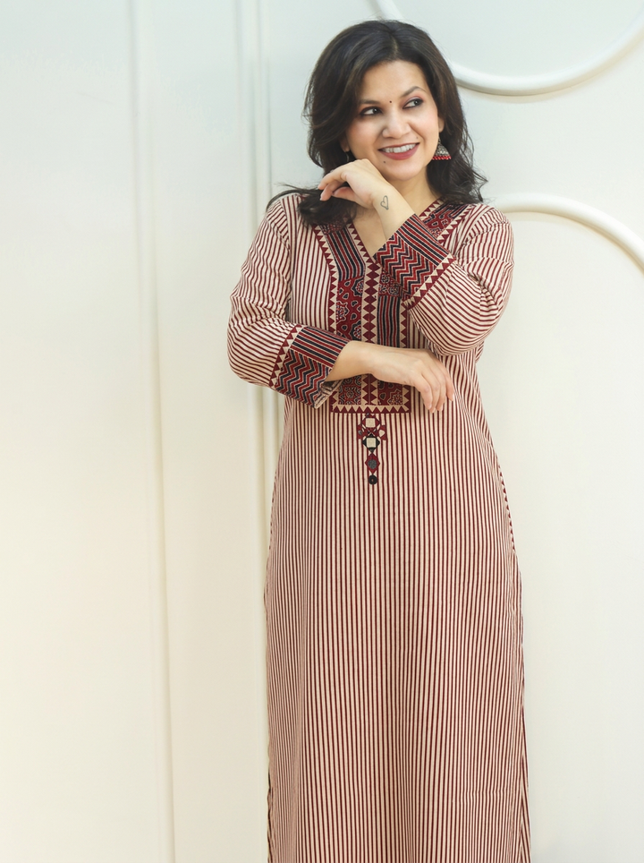 Amulya Brick Red Ajrakh Patch Stripe Print Cotton Co-ord Set