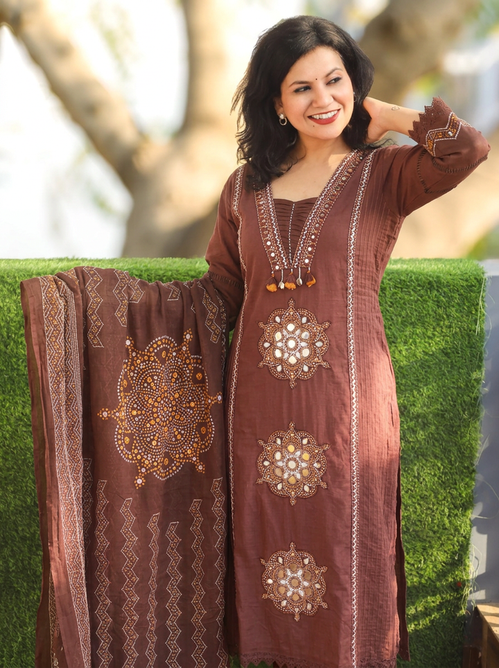 Kavya Brown V Neck Panel Style Cotton 3 Piece Set