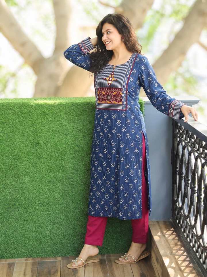 Arya Cerulean Blue Kutch Yoke Winter Twill Kurti
