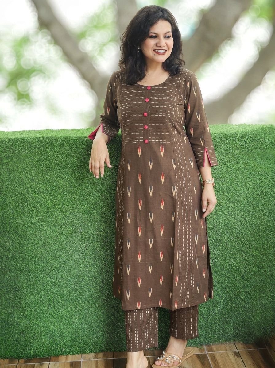 Musavari Army Green Ikkat Weaved South Cotton 2 Piece Set
