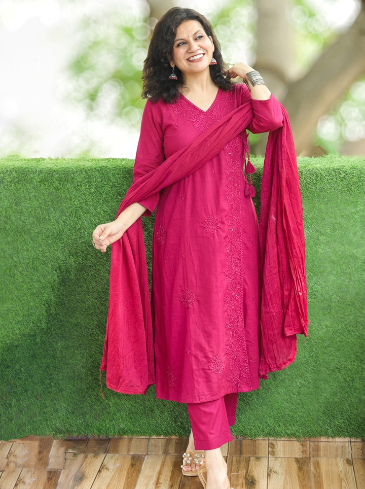 Soni Magenta Pink Angrakha Embroidered Cotton 3 Piece Set