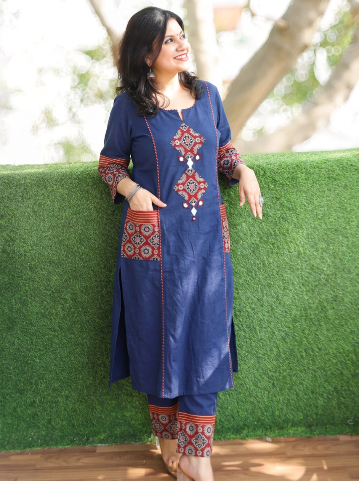 Karishma Royal Blue Ajrakh Patch with Mirror Panel Style Cotton Co-ord Set