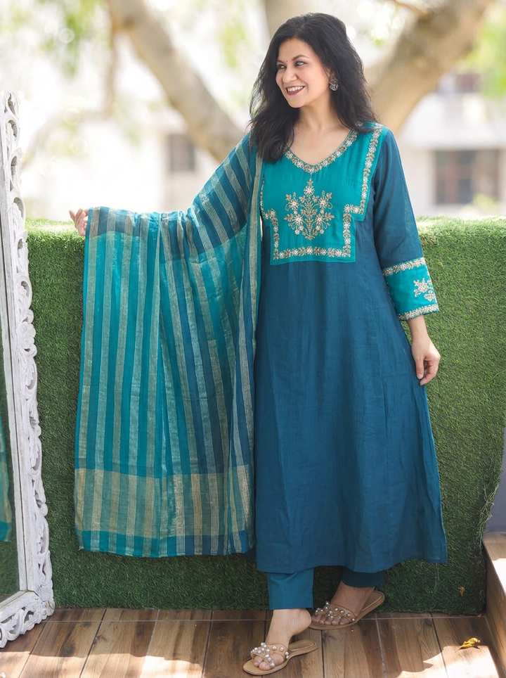Shishberi Peacock Blue Embellish Moti Work Mul Chanderi Set