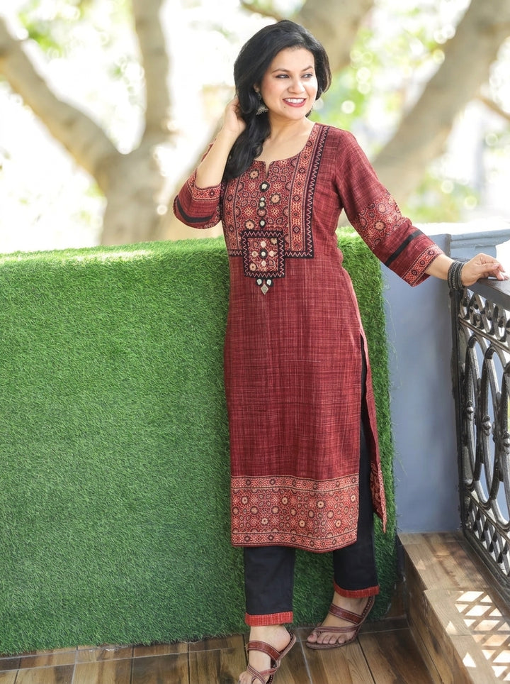 Revika Apple Red Ajrakh Yoke Brush Print 2 Piece Set