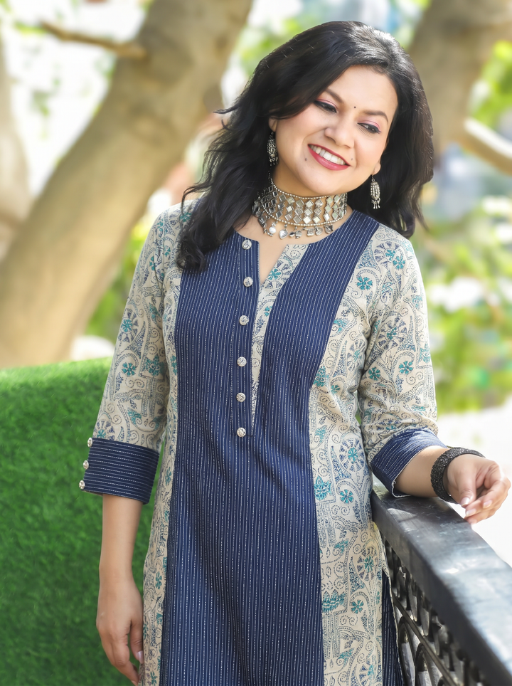 Padma Navy Blue Running Stitch Panel Cotton Kurti