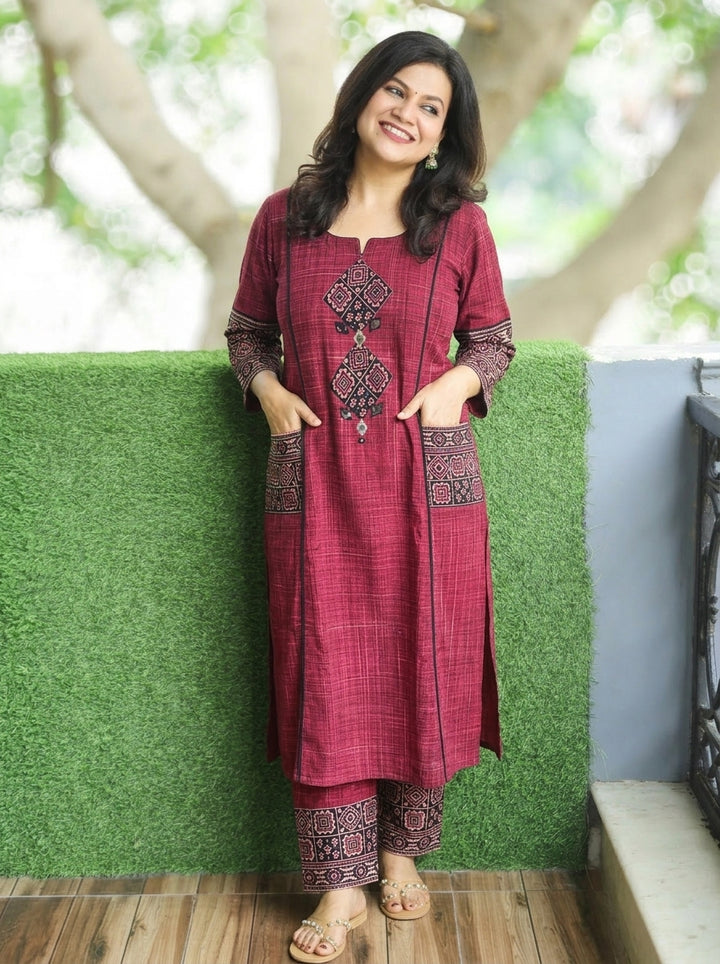 Madhvi Red Ajrakh Yoke Brush Painted Cotton 2 Piece Set