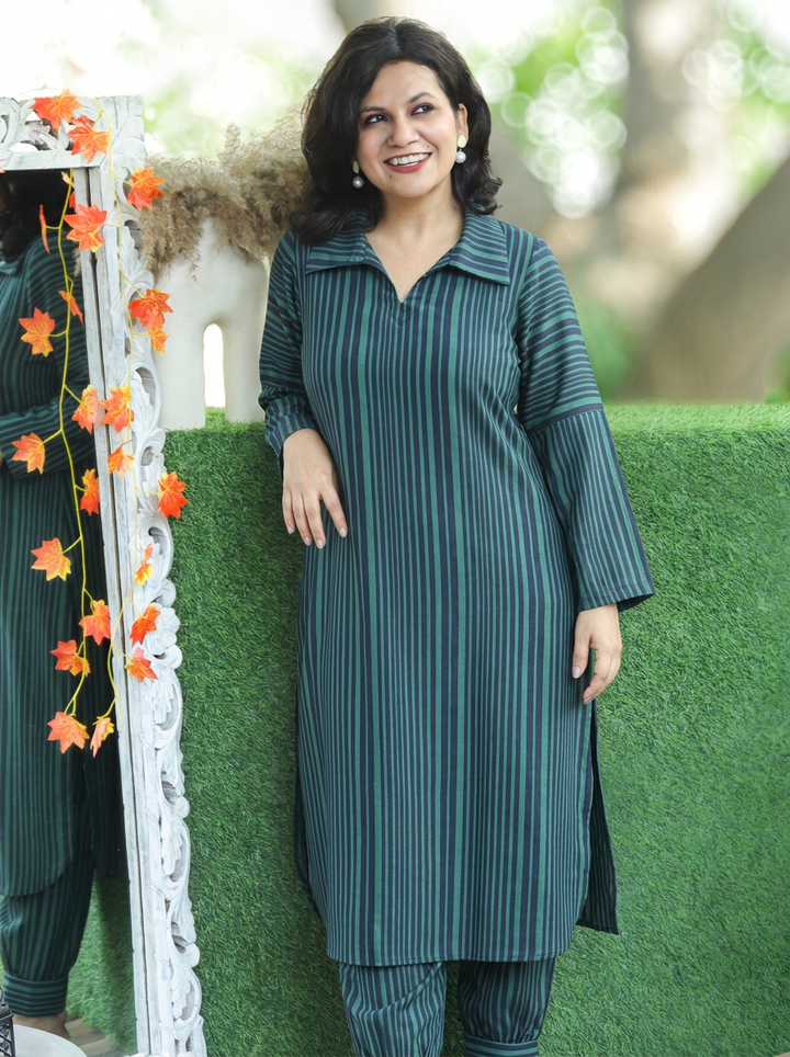 Chehak Cerulean Blue Stripe Print Winter Twill Co-ord Set
