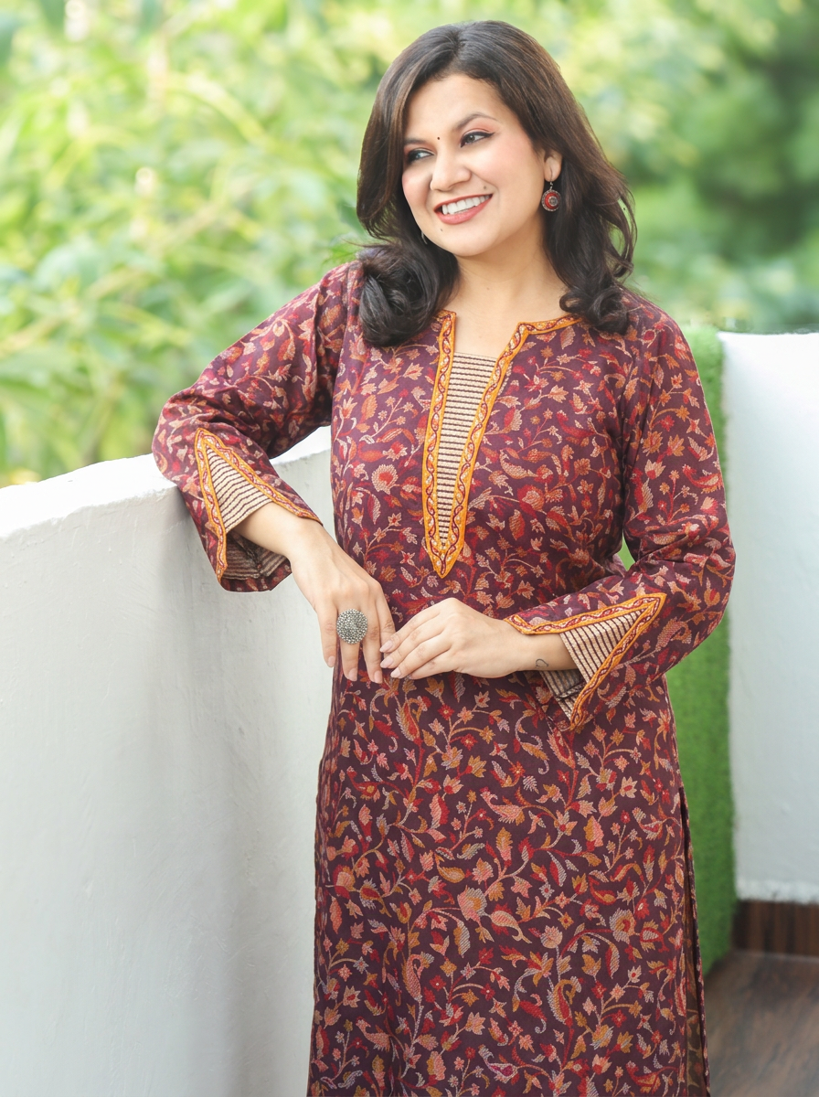 Samira Brick Wine Minimal Embroidery Kanni Print Semi Woolen Winter Kurti
