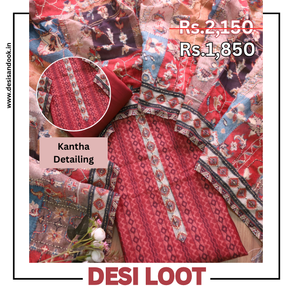 Kashvi Berry Red Kantha Embroidery Digital Printed Chanderi Suit Set