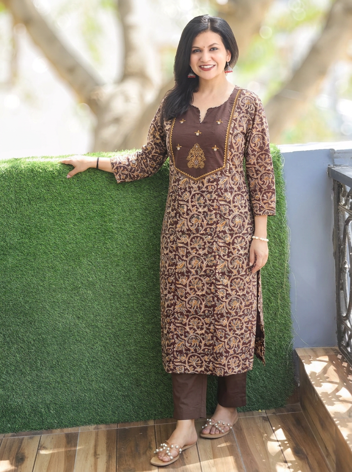 Rashmi Brown Embroidered Yoke Kalamkari Print 2 Piece Set