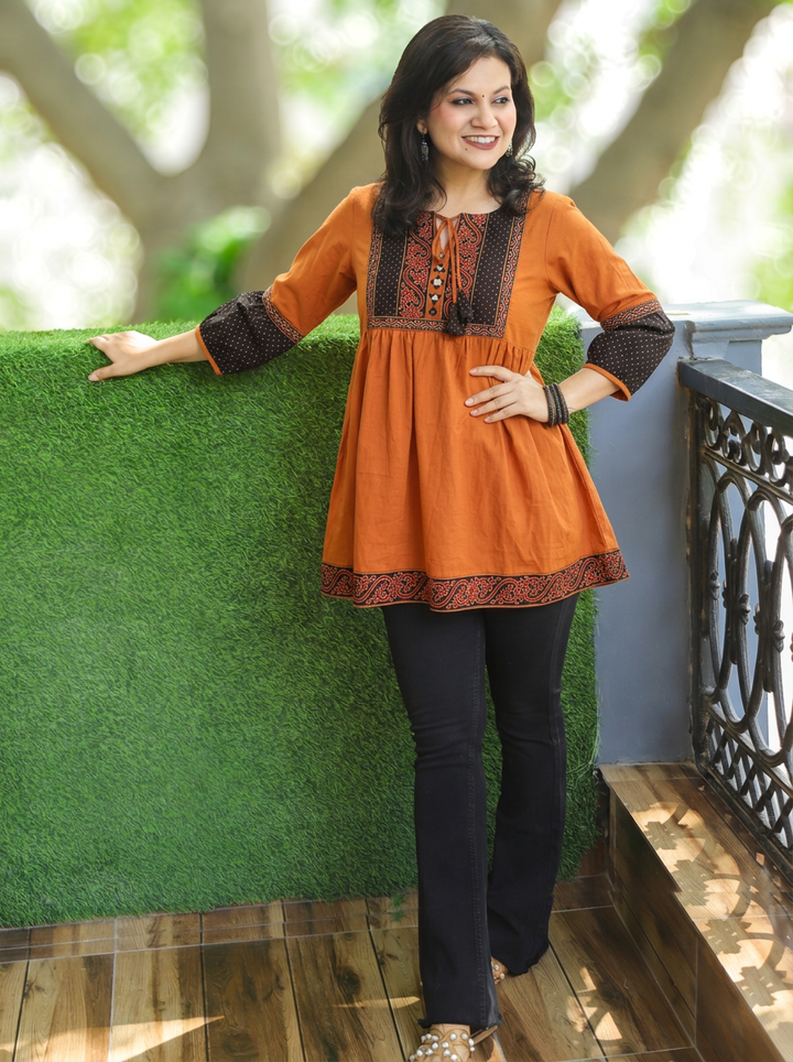 Naorang Rust Ajrak Patch with Mirror Peplum Short Cotton Kurti