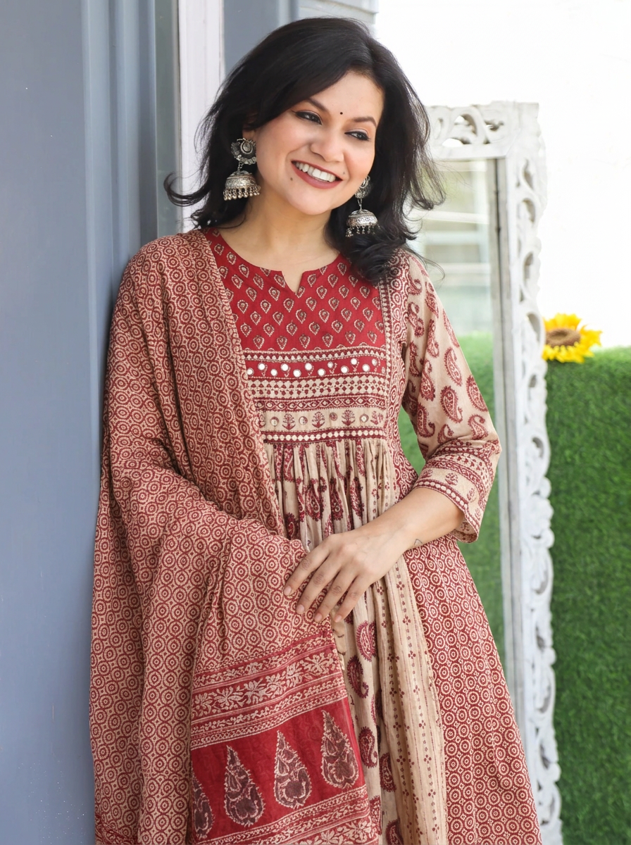 Parvati Beige Maroon Panel Stye Cotton 3 Piece Set