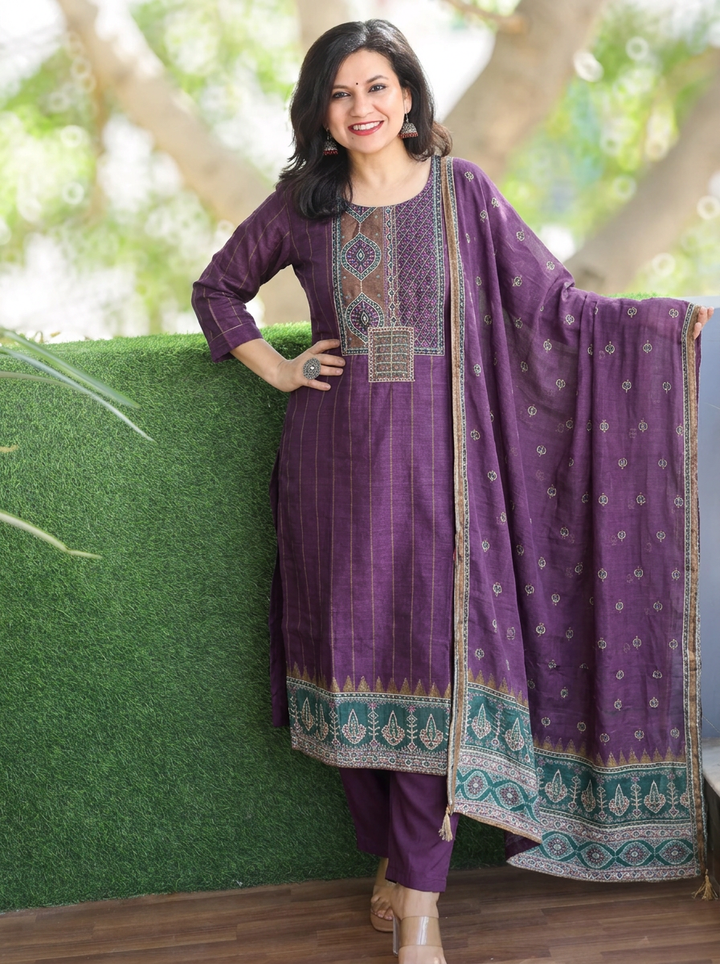Elisha Jamuni Purple Kantha Embroidered Chanderi 3 Piece Set