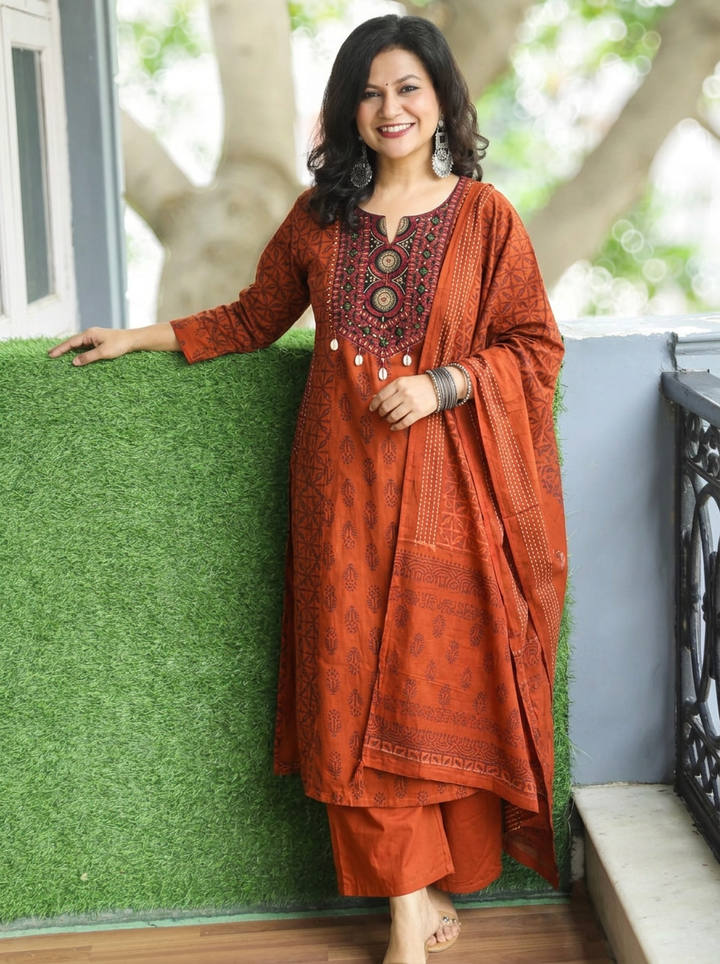Sharmili Rust Orange Embrioidered Yoke Cotton 3 Piece Set