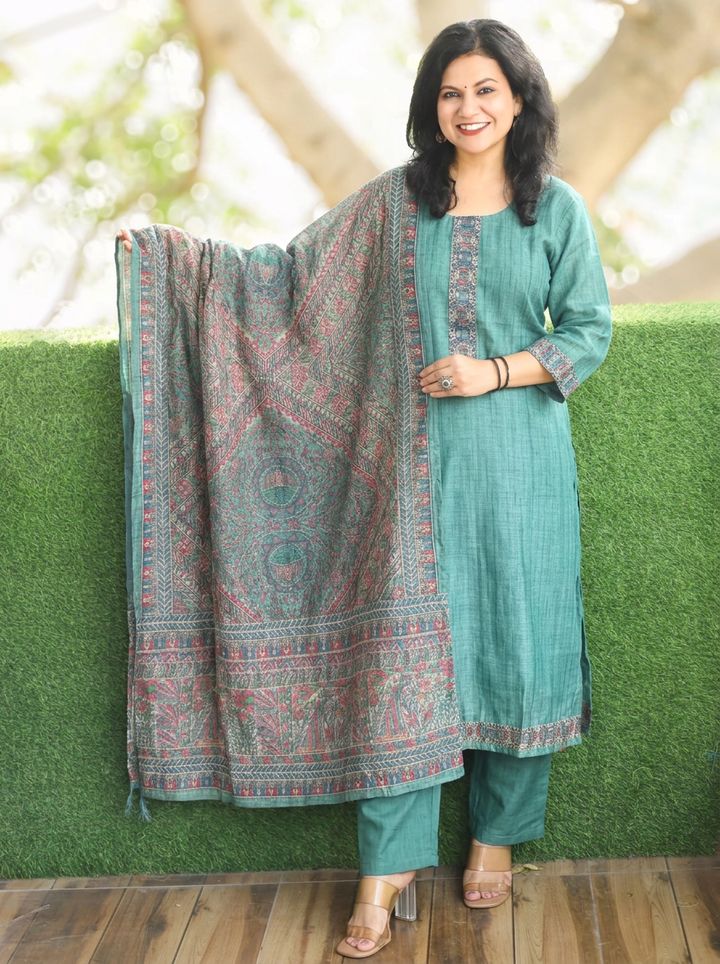 Elisha Sea Green Kantha Embroidered Chanderi 3 Piece Set
