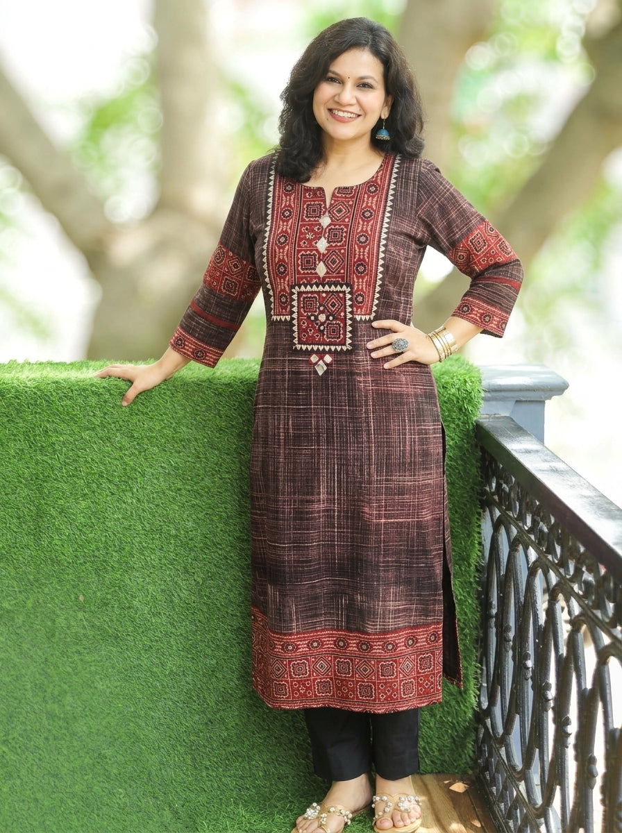Zariya Walnut Black Ajrakh Yoke Brush Painted Cotton Kurti