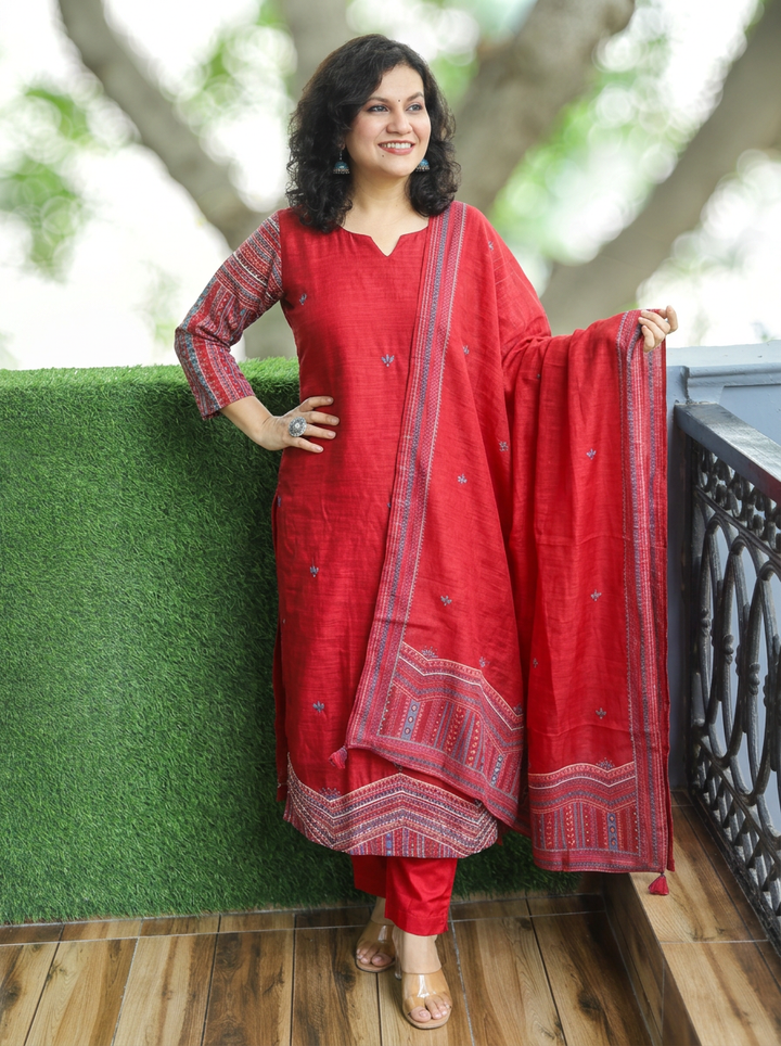 Vrinda Crimson Red Kolkata Hand Embroidered Linen 3 Piece Set
