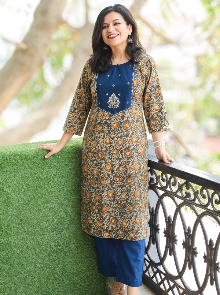 Advika Blue Yoke with Green Kalamkari Print Cotton 2 Piece Set