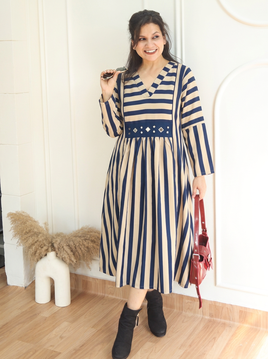 Joe White Blue Stripe Print Panel Style Winter Twill Dress