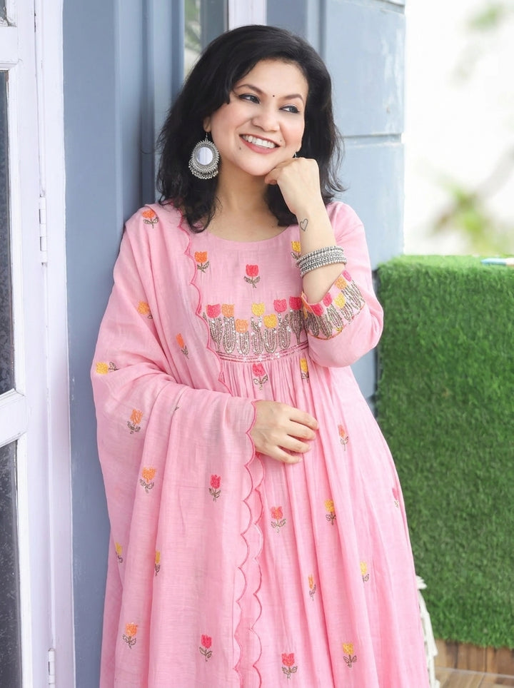 Malika Petal Pink Embroidered Mul Chanderi Set
