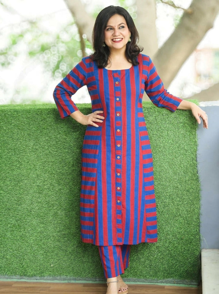 Anjali Blue Red Natural Ajrakh Print Button Down Panel 2 Piece Set