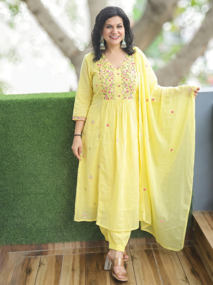 Jannat Butter Yellow Embroidered 3 Piece Set