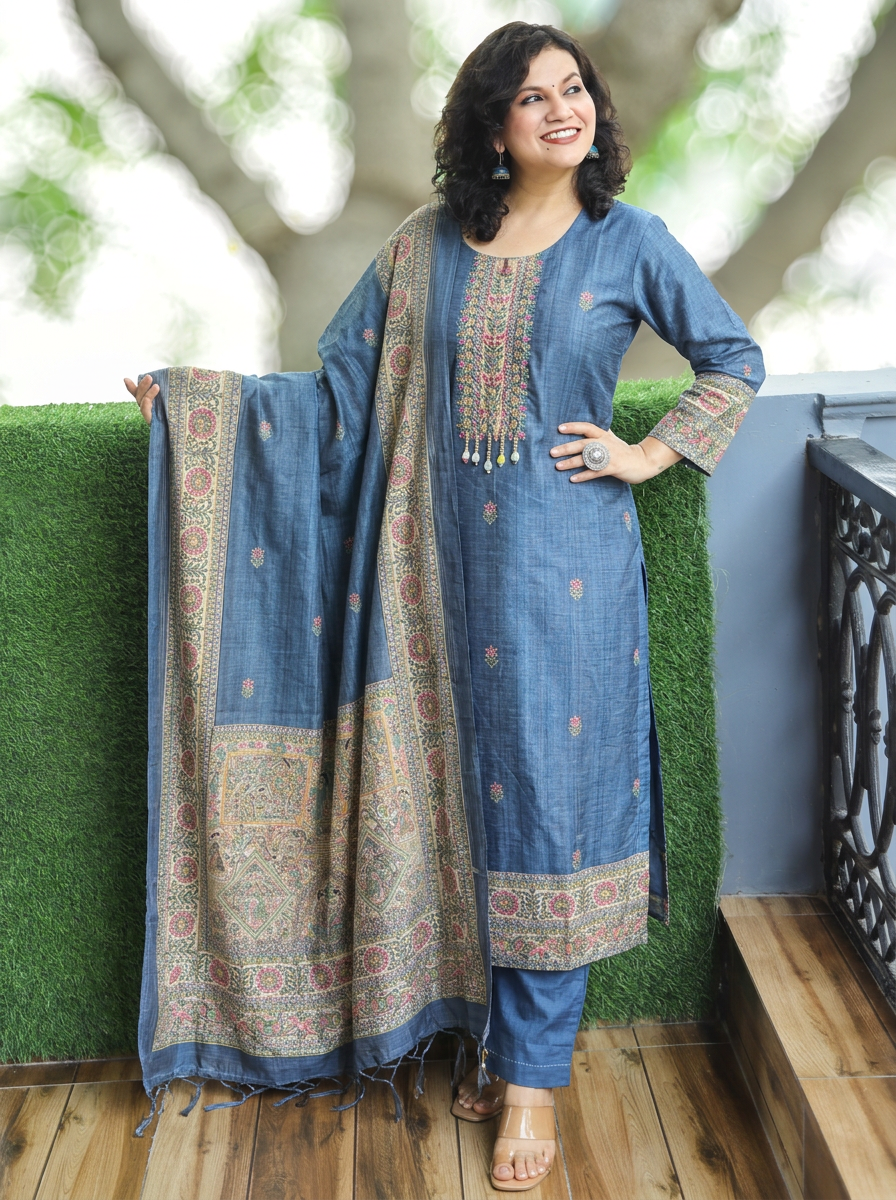Mahnoor Stone Grey Madhubani Tussar Chanderi Silk 3 Piece Set