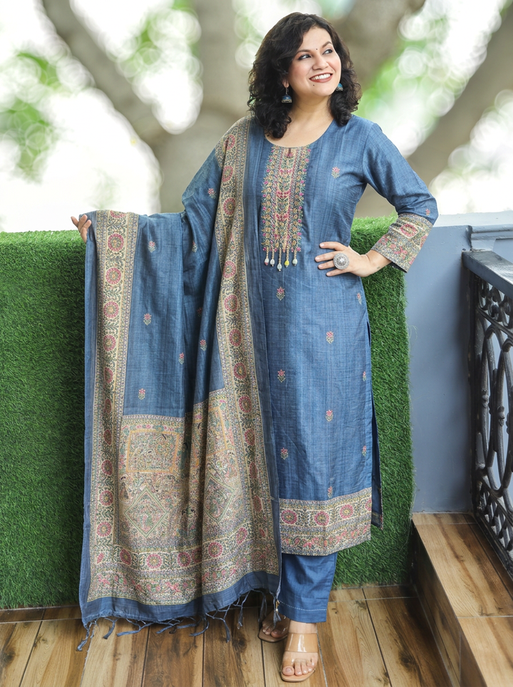 Mahnoor Stone Grey Madhubani Tussar Chanderi Silk 3 Piece Set