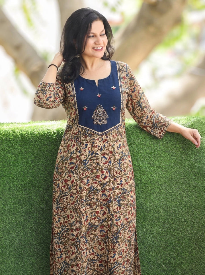 Rashmi Blue Embroidered Yoke Kalamkari Print 2 Piece Set
