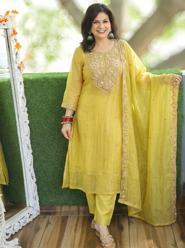 Ragini Canary Yellow Zari Work Crinkle Shimmer Tissue 3 Piece Set