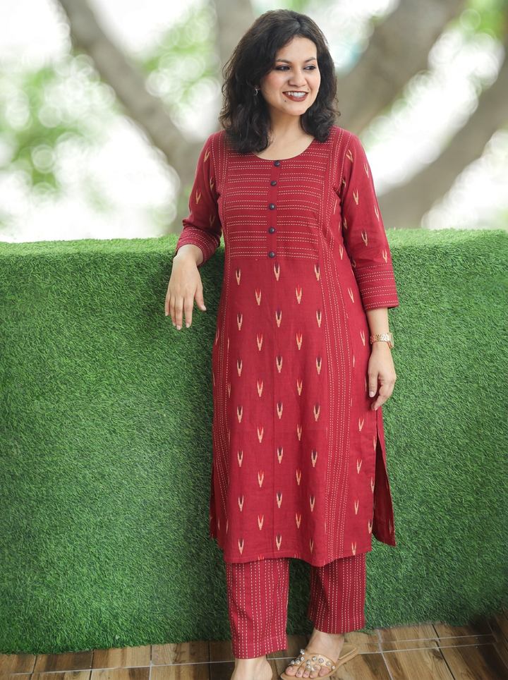 Musavari Berry Red Ikkat Weaved South Cotton 2 Piece Set