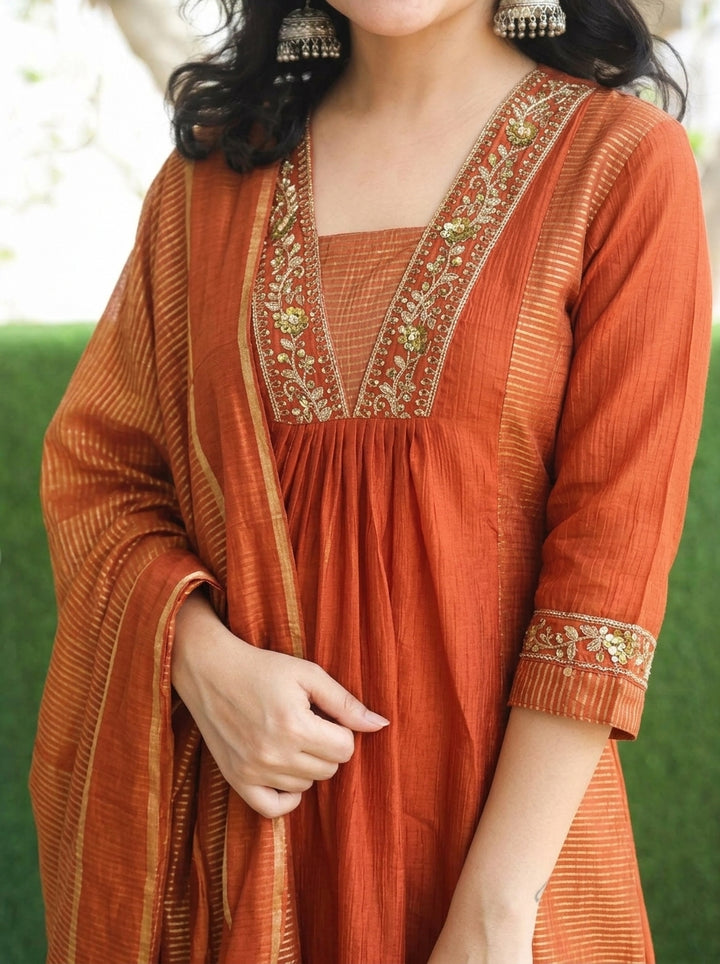 Shanya Tang Rust Embellish Panel Style Tissue Chanderi Set