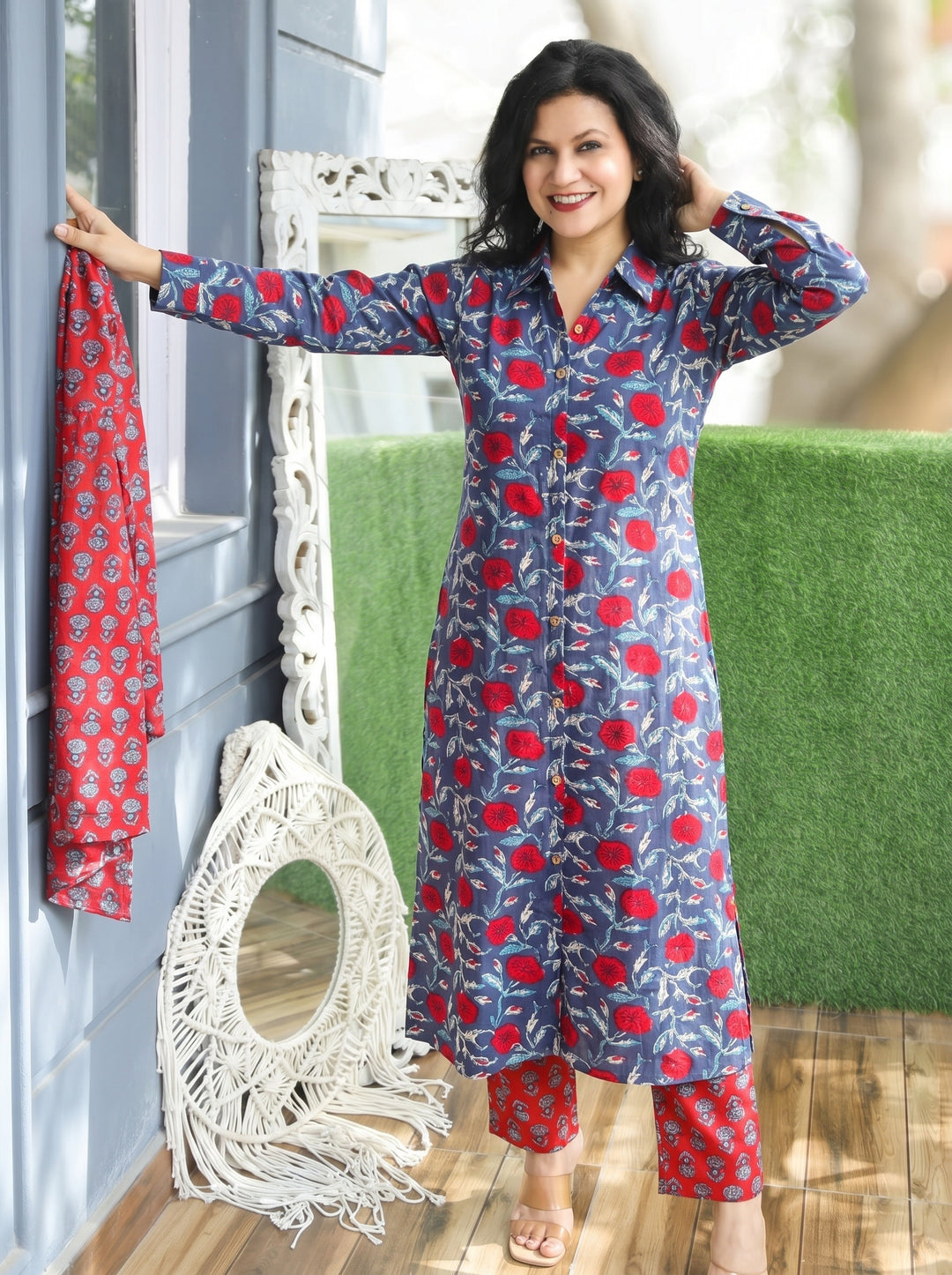 Nysa Blue Green Block Print Cotton Jacket Set