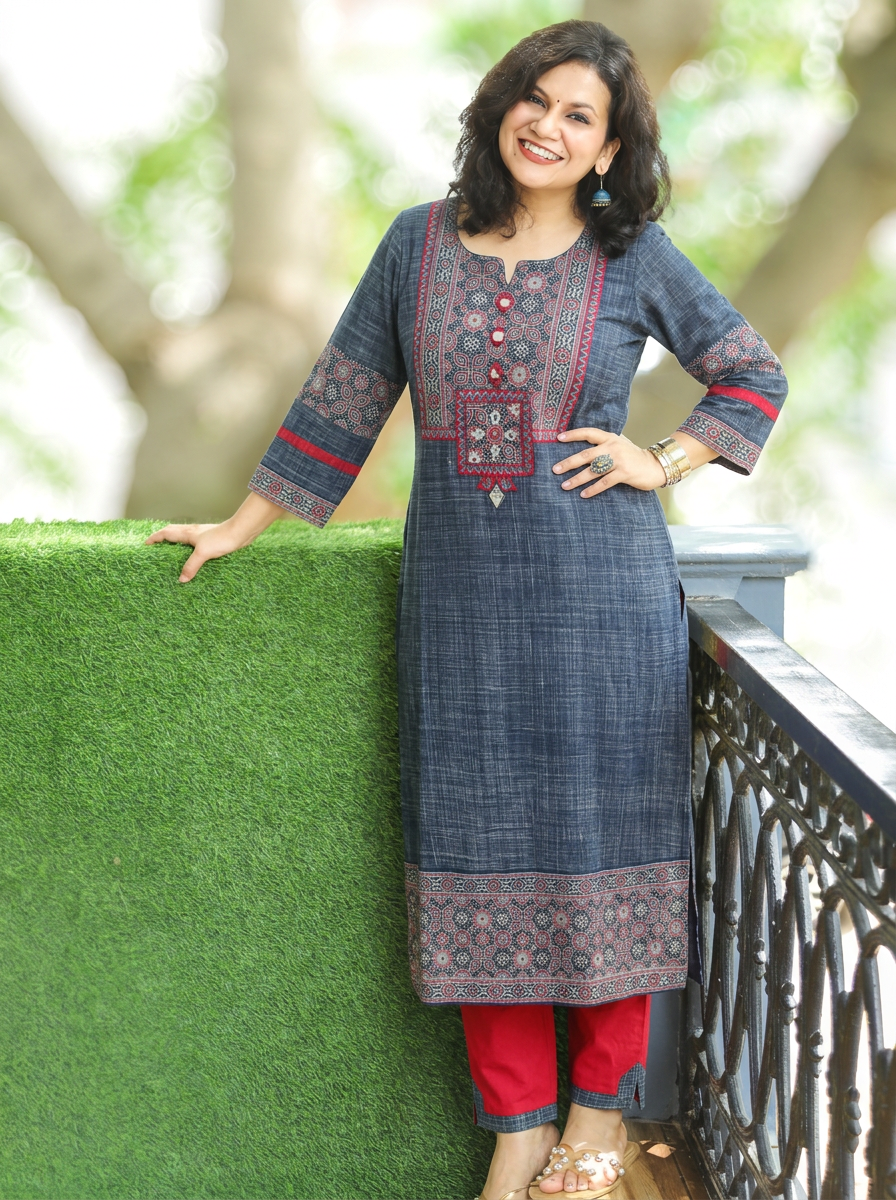 Revika Denim Blue Ajrakh Yoke Brush Print 2 Piece Set