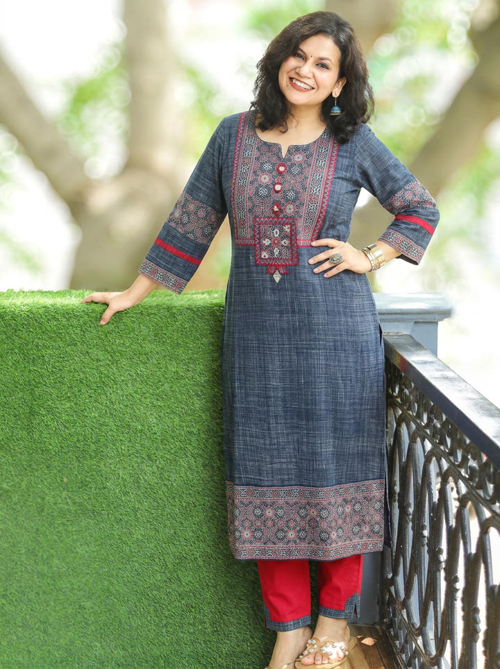 Revika Denim Blue Ajrakh Yoke Brush Print 2 Piece Set