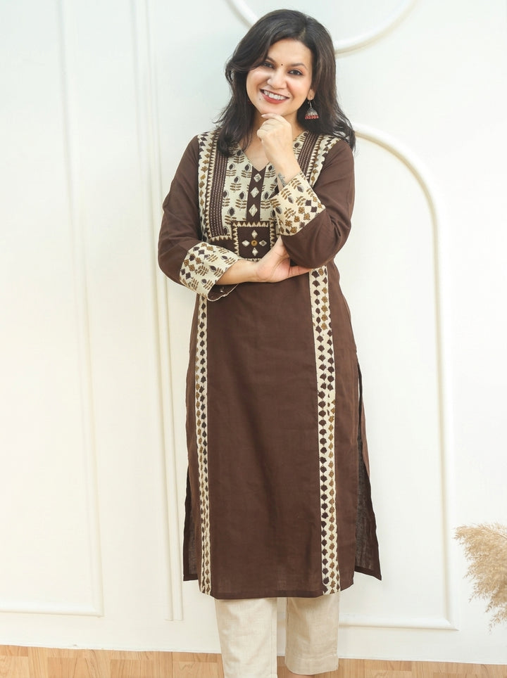 Drishti Choco Brown Triple Panel Ajrak Yoke with Mirror Cotton Kurti