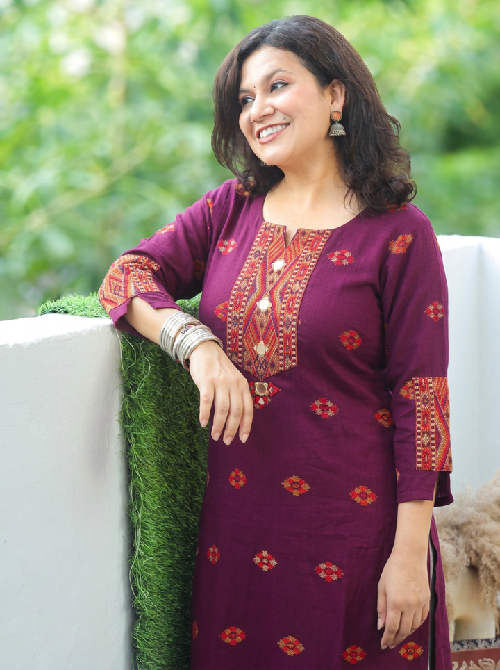 Shachi Wine Purple Mirror Work Kullu Semi Woolen Winter Kurti