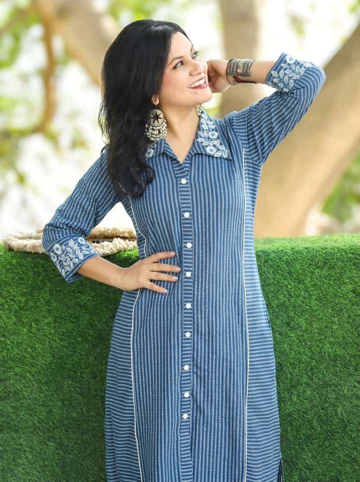 Kiara Blue Embroiderd Work Button Down Cotton Kurti