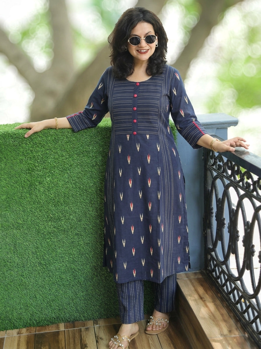 Musavari Denim Blue Ikkat Weaved South Cotton 2 Piece Set