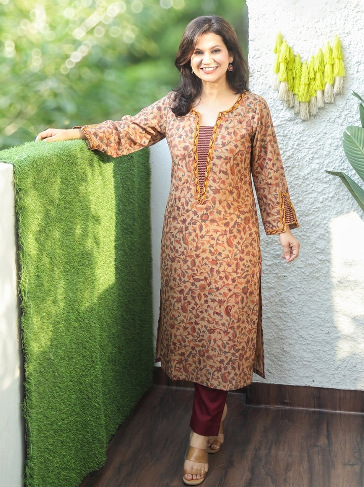 Samira Sand Beige Minimal Embroidery Kanni Print Semi Woolen Winter Kurti