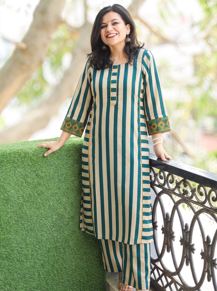Anjali Teal Stripe Panel Style Winter Twill Co-ord Set