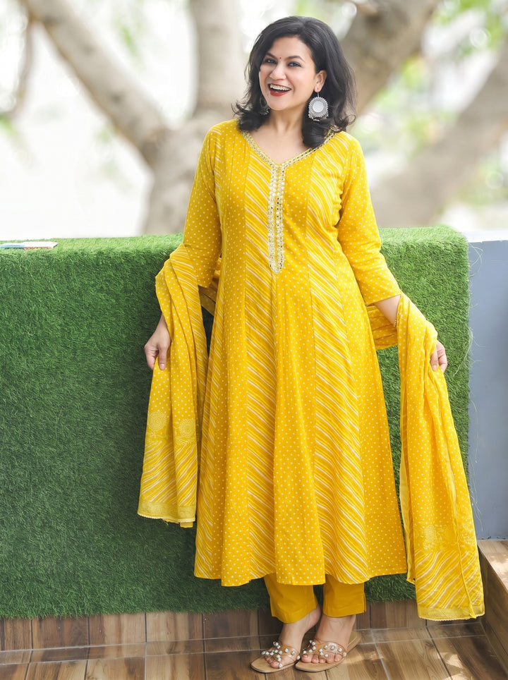 Morni Corn Yellow Leheriya Mul Cotton 3 Piece Set