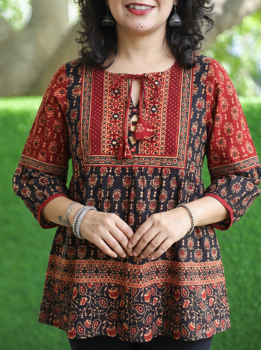 Damini Ebony Black Kutch Yoke Ajrak Print Peplum Short Cotton Kurti