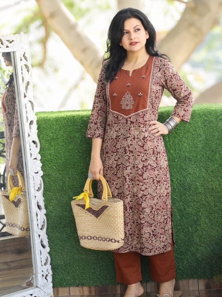 Rashmi Burnt Rust Embroidered Yoke Kalamkari Print 2 Piece Set