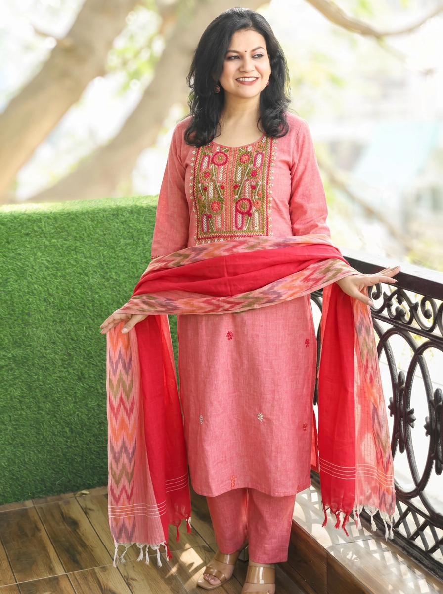 Iqra Petal Pink Kolkata Hand Embroidered South Cotton 3 Piece Set